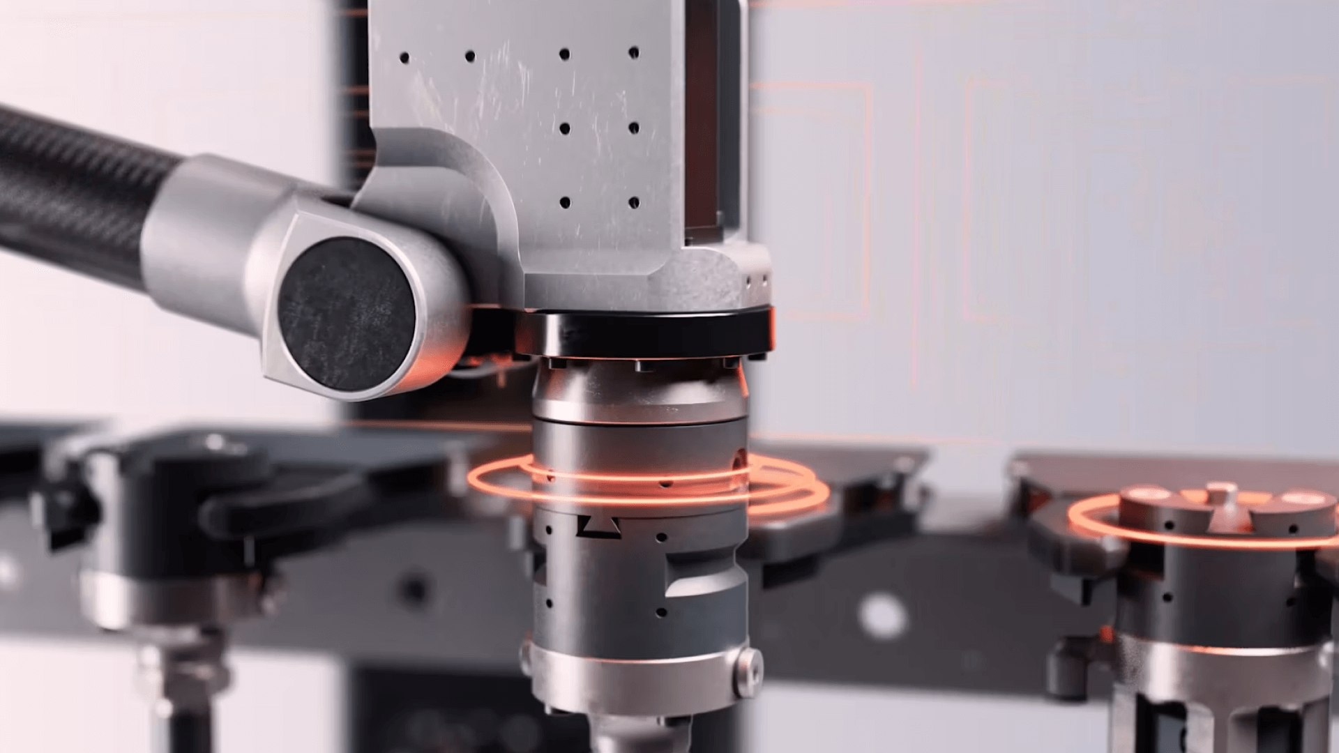 Closeup of a detail of Cognibotics - HKM pick-and-place robot, grey background