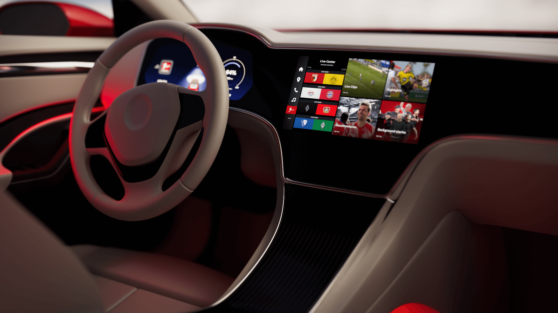 Futuristic car interior with digital dashboard and infotainment screen displaying Bundesliga live football content