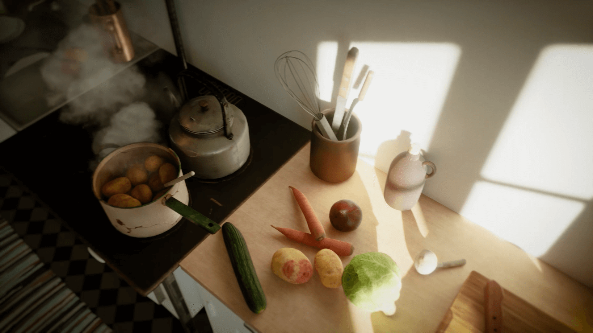 Extended reality image of kitchen counter with fresh vegetables and boiling potatoes on the stove in warm sunlight.