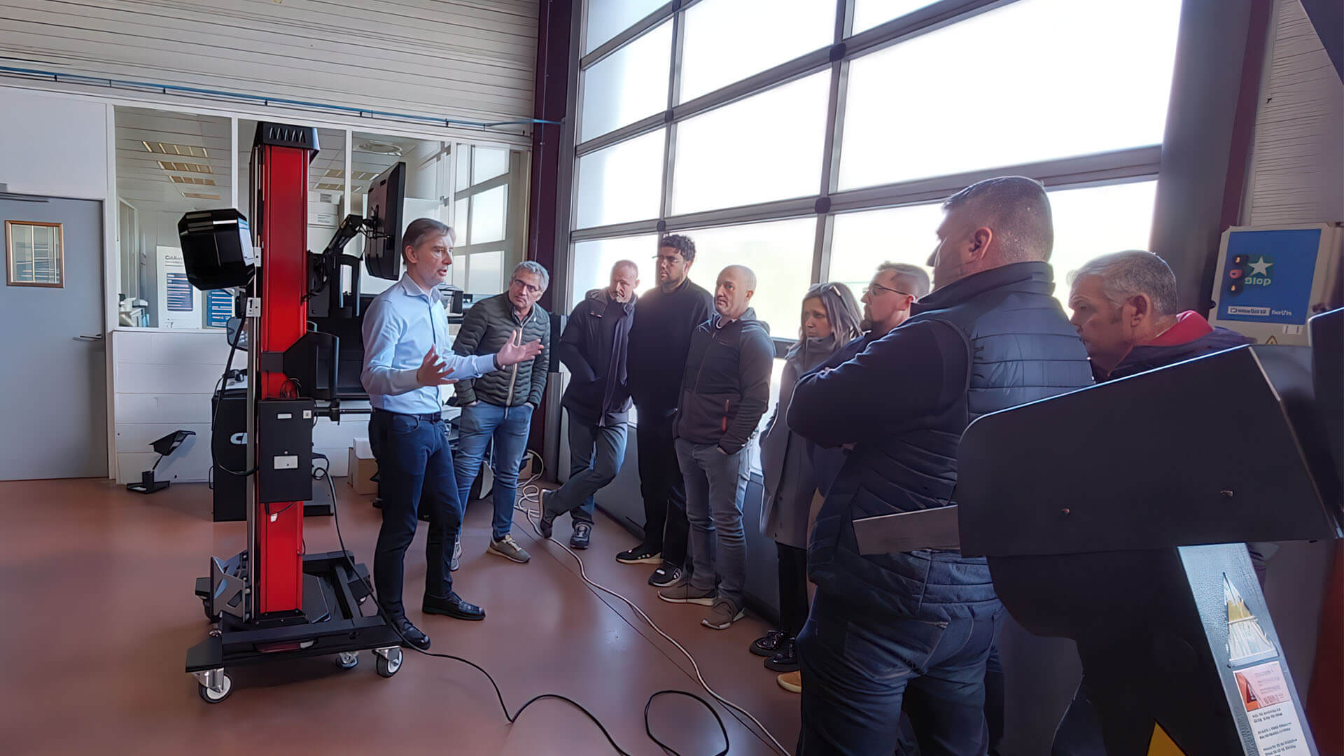 Automotive technician demonstrating ADAS calibration equipment to a group of professionals.