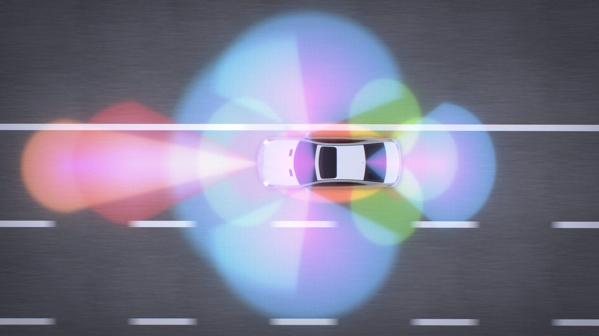 Top view of car with ADAS sensor coverage visualized in colorful detection zones on the road