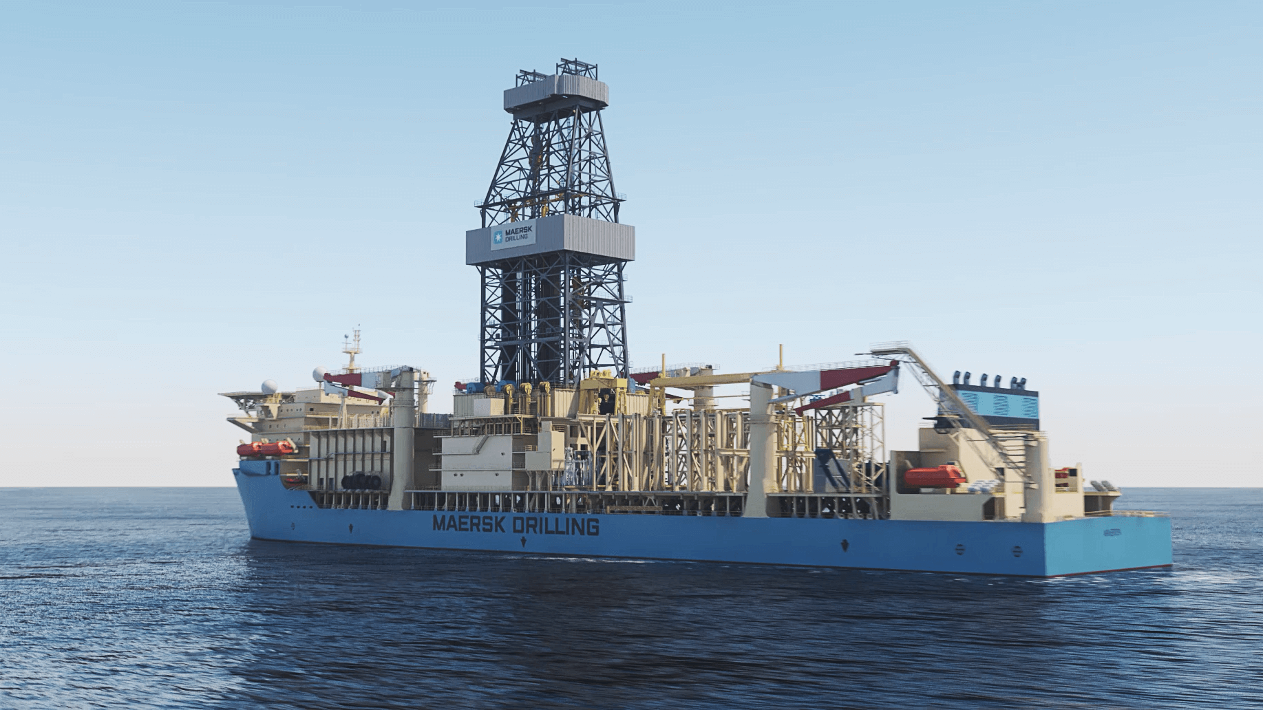 Image of the Maresk drilling vessel built in 3D, out on the sea. Showing the vessel from the backside from the left.